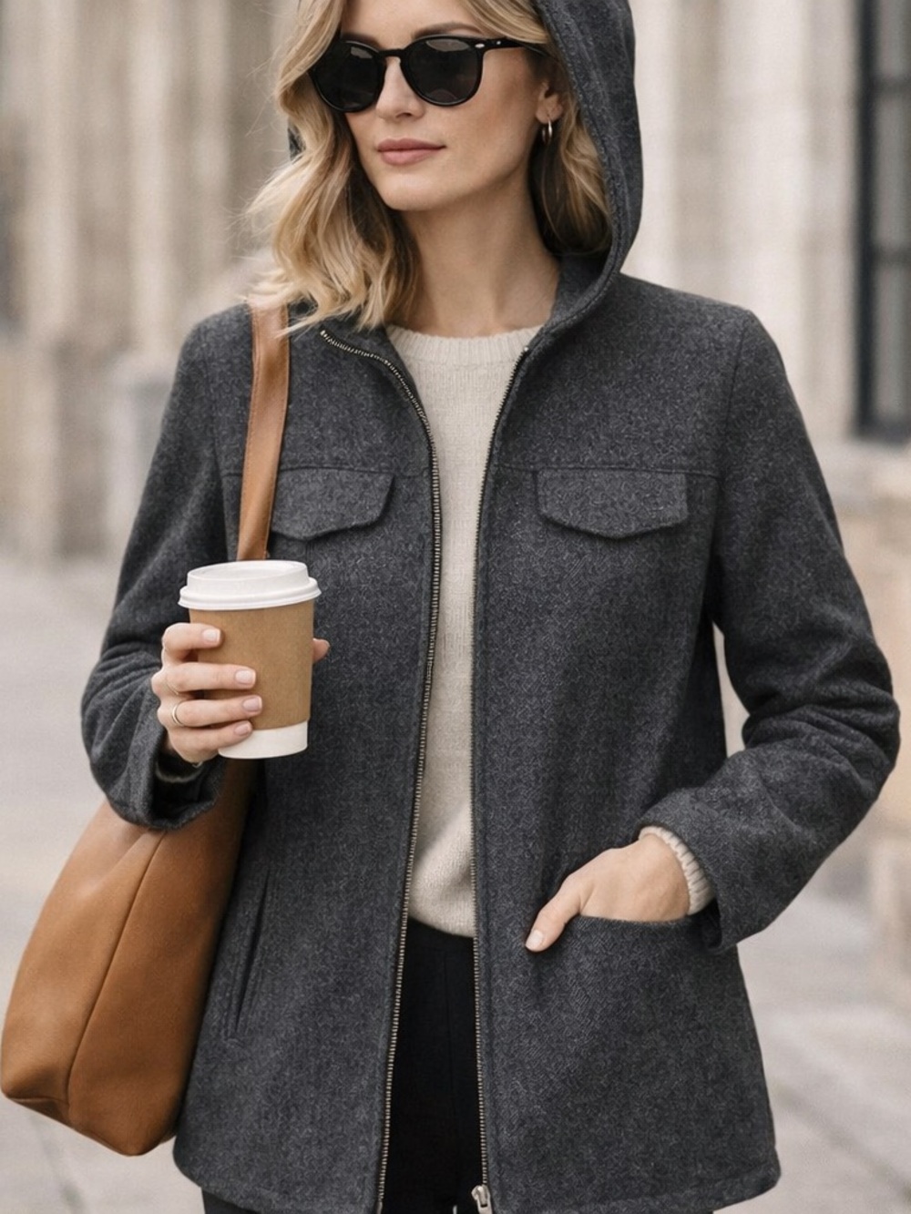 Braetan Gray Wool Blend Hooded Coat Lined Zip Front Minimal Peacoat Size M